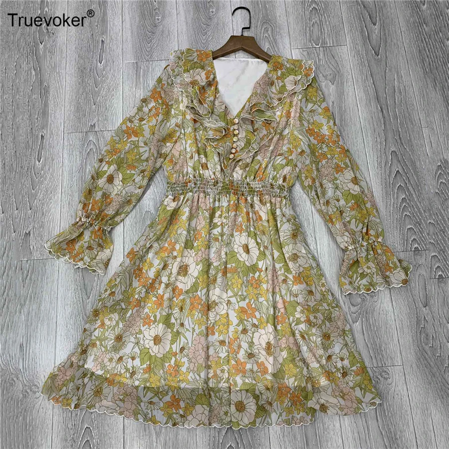 

Truevoker Autumn Designer Vocation Dresses Women's High End Long Sleeves Fancy Flower Printed Ruffle Runway Holiday Vestidoes