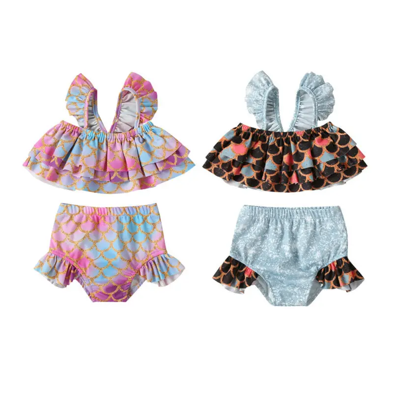 

1-5Y Summer Kids Girl Bikini Sets Fish Scale Ruffles Tops+Shorts Outfits Swimwear Beach Bathing Suit
