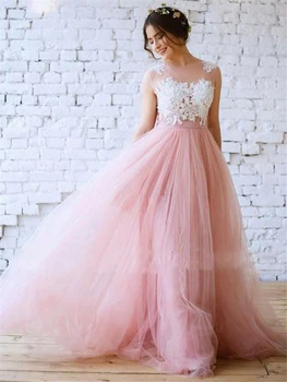 

Fantastic A-Line Wedding Dress Sheer See Through Back Bridal Gowns Soft Tulle Appliques Lace Bride's Wedding Dress