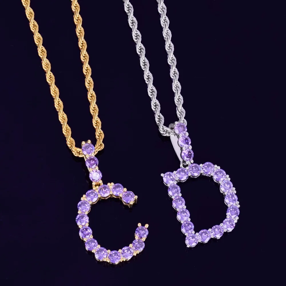 Bling Purple Zircon Tennis Letters Pendant Necklaces For Men/Women Gold Silver Fashiom Hip Hop Jewelry with Rope chain