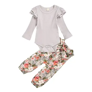 

0-18M Newborn Infant Baby Girl Clothes Gray Ruffle Romper Floral Pants Leggings Outfit