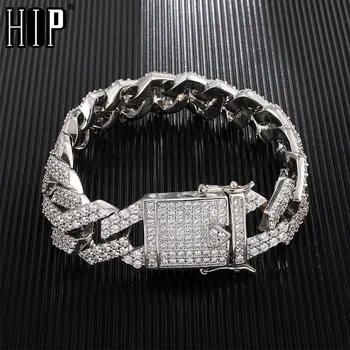 

Hip Hop 18MM Bling Heavy Iced Out Miami Cuban Link Chain Full AAA Crystal Pave Men's Bracelet Gold Bracelets for Men Jewelry
