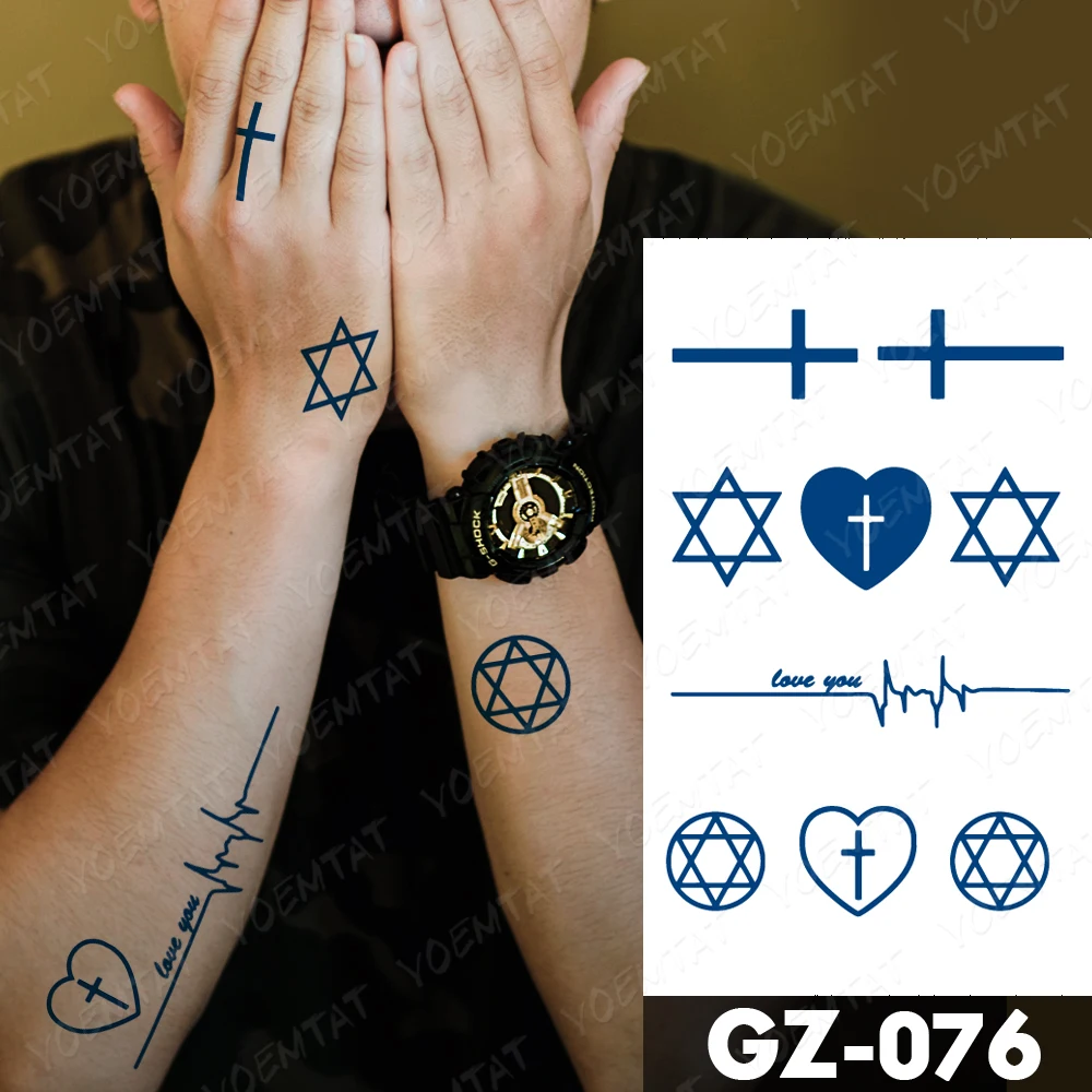

Juice Lasting Waterproof Temporary Tattoo Stickers Cross Pentagram Heartbeat Wave Letter Flash Tattoos Body Art Fake Tatto Male