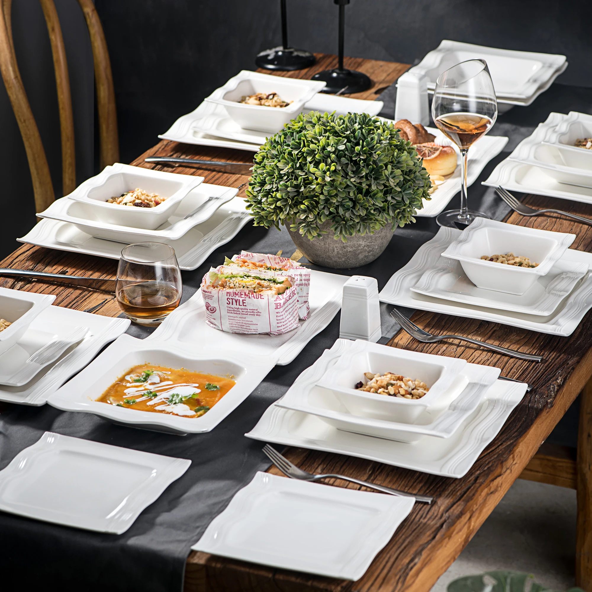 MALACASA Series Mario 28 Piece Porcelain Dinner Set with 6*Bowl Dessert Soup Dinner Plate 2*Salt Shaker Set 2 Rectangular Plate