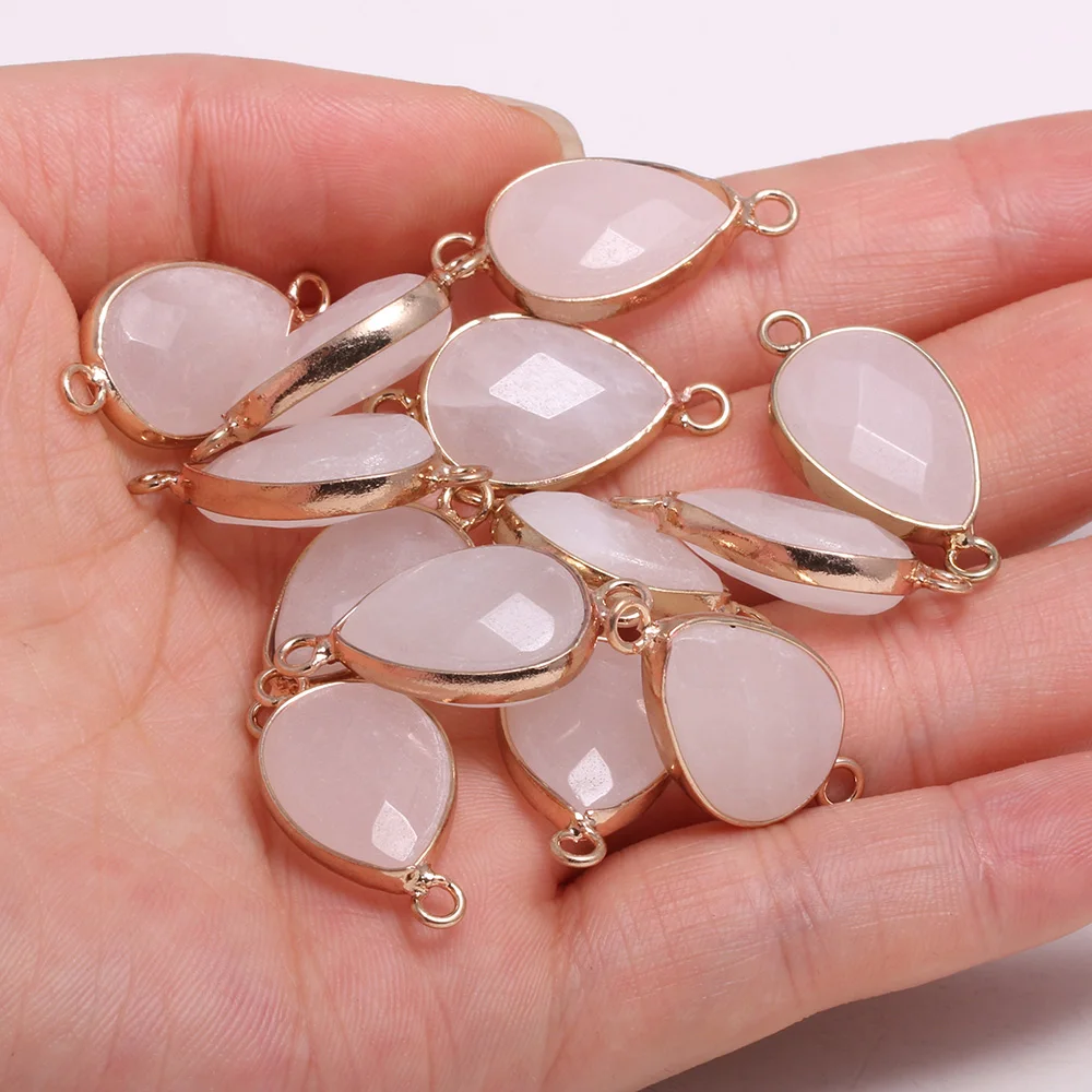 

1PC Natural Stone Water Drop Shape Connector Pendant Charm Rose Quartzs Double Hole DIY Bracelet Earring Necklace 14x27mm