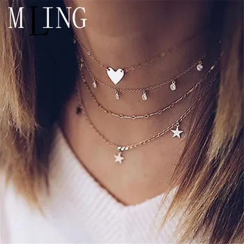 

MLING Vintage Gold Alloy Multi-layer Tassel Necklace Fashion Crystal Hear Star Pendant Necklace for Women