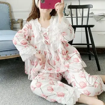 

Summer Women's Woven Cotton Home Wear Lace Stitching Sleepwear Long Sleeve Trousers Pajamas Suit Nightwear Set Pijama Feminino