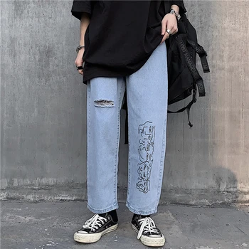 

New Jeans for Women Vintage Ripped Wash Jeans Loose High Waist Pants Harajuku Cartoon Printed Jeans Fashion Harem Pants Cotton