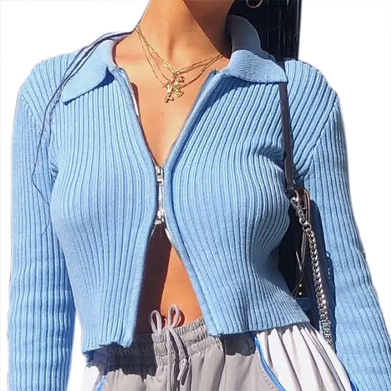 

Womens Autumn Long Sleeve Ribbed Knit Sweater Two-Way Zipper Sexy Bodycon Crop Top Solid Color Lapel Collar High Neck Coat