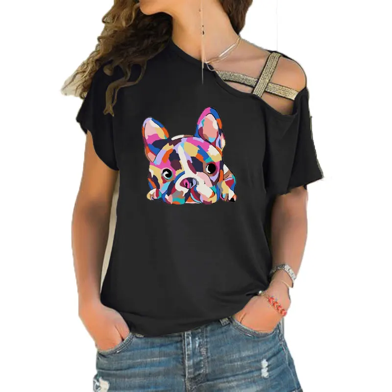 New Summer Pretty Bulldog Francese Zoe Stampa Divertente Teeshirt Donna Manica Corta Sciolto Irregolare Obliquo Croce Fasciatura Top Tee