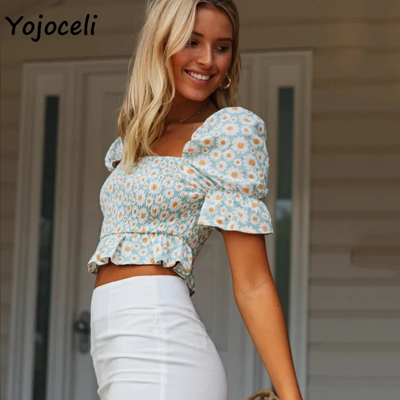 Yojoceli squre шеи цветочный принт блузки рубашка для женщин boho пляжные укороченные топы
