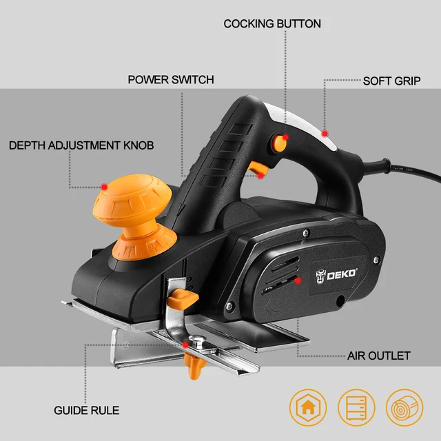 DEKO Electric Hand Planer 900W 16000RPM Wood Cutting Power Tools with 3mm Adjustable Cut Depth Ideal