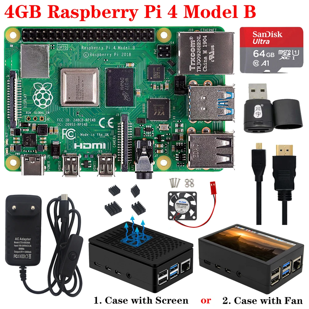  Original Raspberry Pi 4 Model B Kit+ABS Case+Fan or 3.5 inch Touch Screen+3A Type-C Power Supply+He