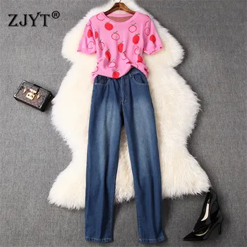 

Young Style Fashion Summer Lady Women 2020 Casual Twinset Short Sleeve Print Knitted Top and Jeans Pants Suit Sets