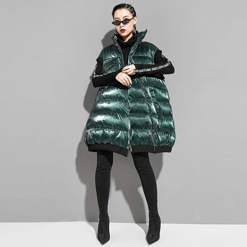 [EAM] разноцветное пальто с воротником-стойкой и хлопковой подкладкой большого размера, женские парки свободного кроя с коротким рукавом, модные осенне-зимние 1K149