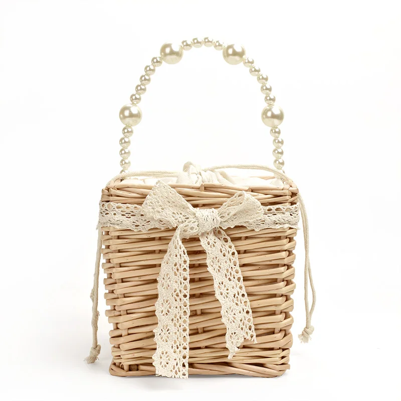 

New Small Square Bag Net Red Female Bag Ins Same Straw Bag Wild Mini Foreign Style Hand-woven Pearls Handbag