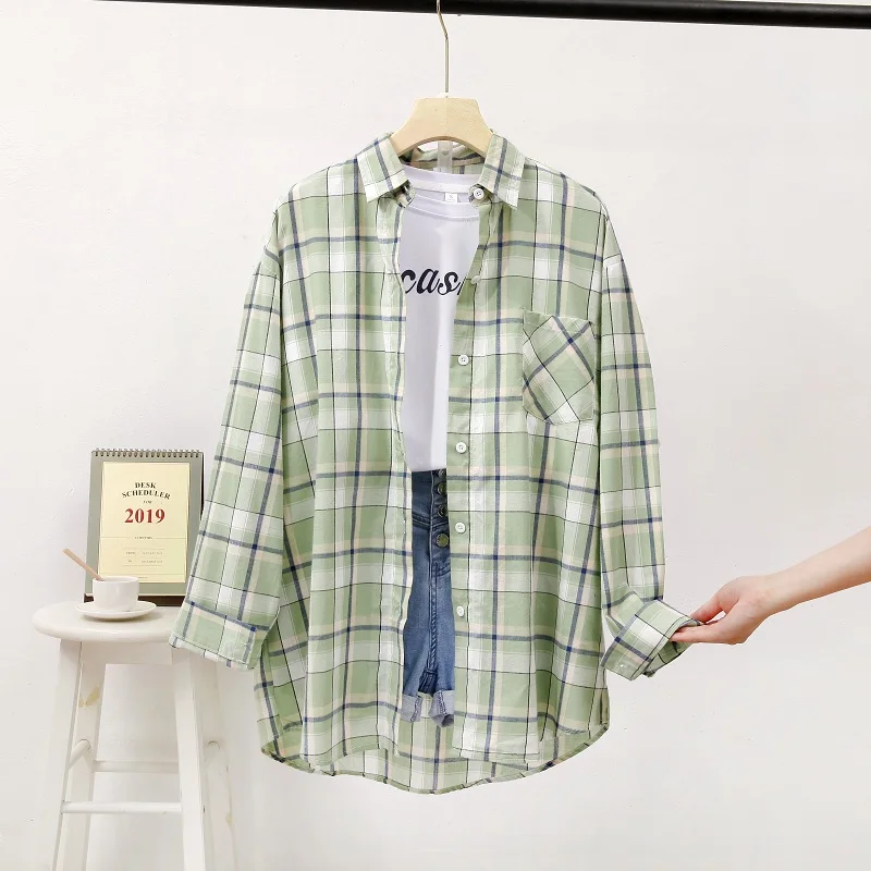 Womens Loose Blouses Autumn Cotton Plaids Shirt 2020 High Quality