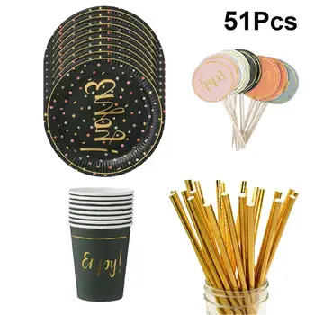 

51pcs Party Disposable Paper Tablewares Plate Cup Golden Straw Tray Tableware for Kids Baby Shower Birthday Enjoy Party Decor