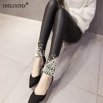 

INDJXND Autumn And Winter Faux Leather Leggings Slim Plus Velvet Thick Leggings Pu Pants Rivet Black High Waist Winter Legging