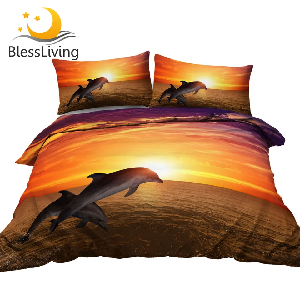 

BlessLiving Jumping Dolphin Bedding Set Marine Life Duvet Cover Beautiful Sunset Quilt Cover 3D Print Ocean Sea Bedclothes 3pcs