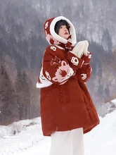 Japanese Style Hooded Jacket Women 2021 Autumn Winter Fashion Cartoon Red Fox Print Warm Coat Ladies Loose Tops