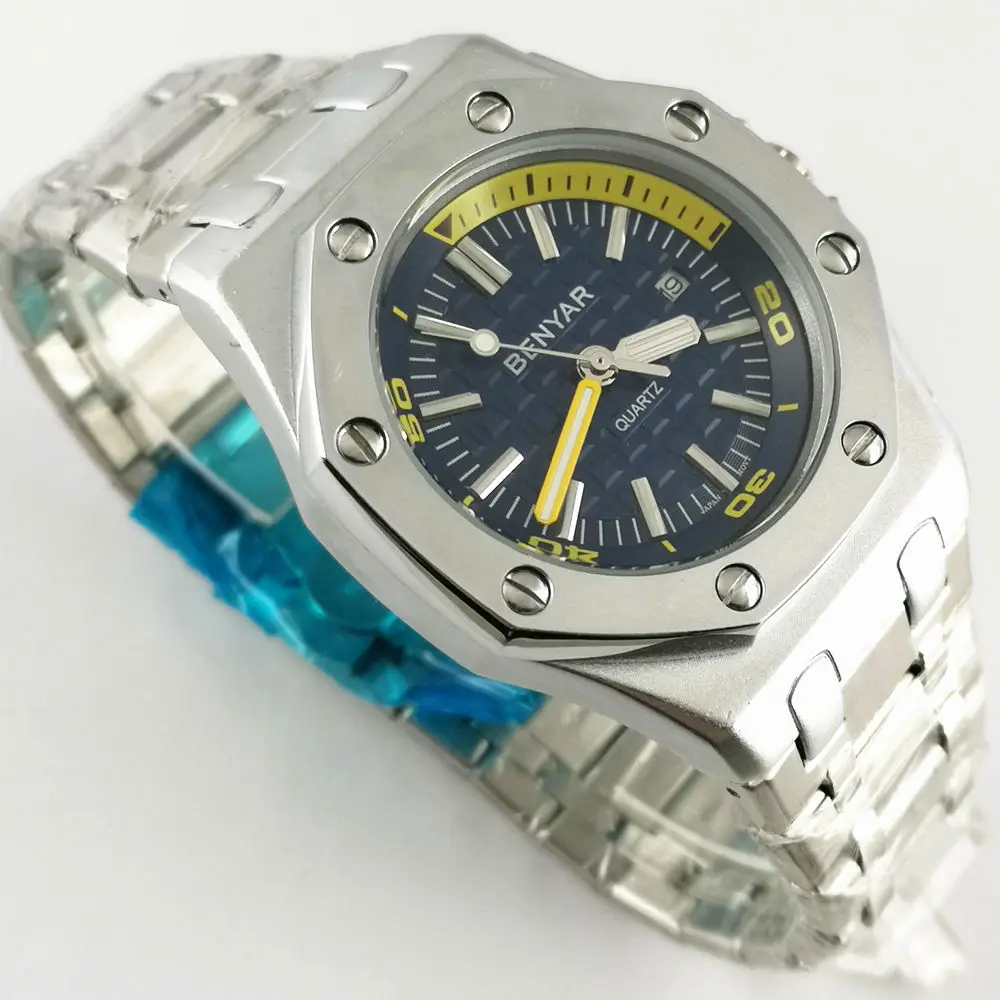 BENYAR Мужские часы Мужские 43 мм синий циферблат Кварцевые часы мужские повседневные водонепроницаемые спортивные наручные часы Relogio Masculino