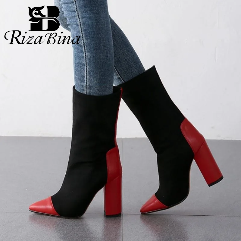 

RIZABINA New Women Mid Calf Boots Fashion Mixed Color Pointed Toe High Heels Shoes Winter Warm Women Footwear Size 34-43