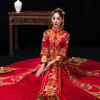 

Ancient marriage costume the bride clothing gown traditional Chinese wedding dress women cheongsam embroidery phoenix red Qipao