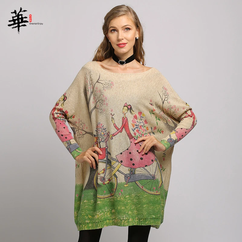 

Character Pattern Batwing Casual Long Sleeve O Neck Autumn Highstreet Pullovers Sweaters Oversize Midi Long Women Elegant Tops