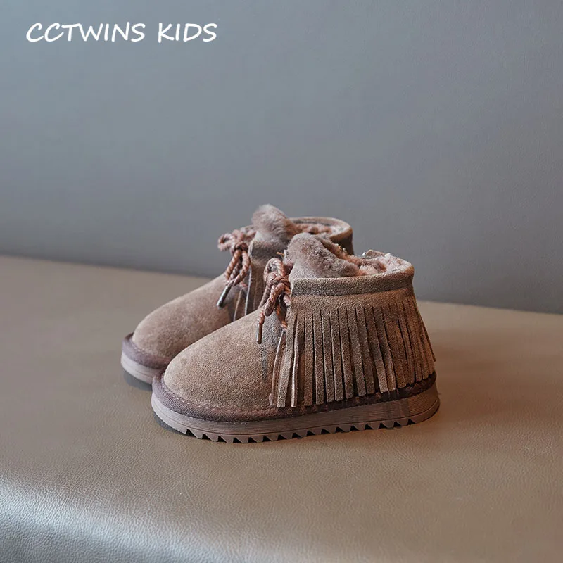 CCTWINS/детская обувь; коллекция года; зимняя детская брендовая замшевая теплая обувь; модные детские зимние ботинки; Модные ботильоны с кисточками для девочек; SNB098 - Цвет: Коричневый