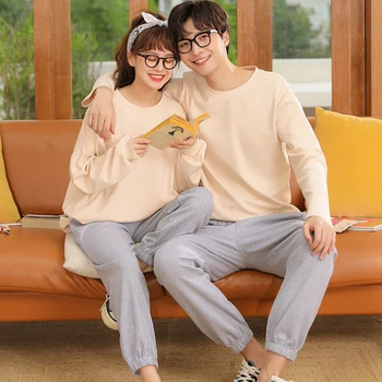 

Young Couple Pajamas Set Cotton Women Long-sleeved Autumn Winter Pyjama Loose Men Couple Pijama Set Warm Sleepwear Top+ Men Pant