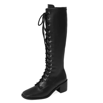 

Vintage Knee High Boots For Women Genuine Leather lace up Shoes Woman Chunky Heels Platform Winter Basic ladies Boots