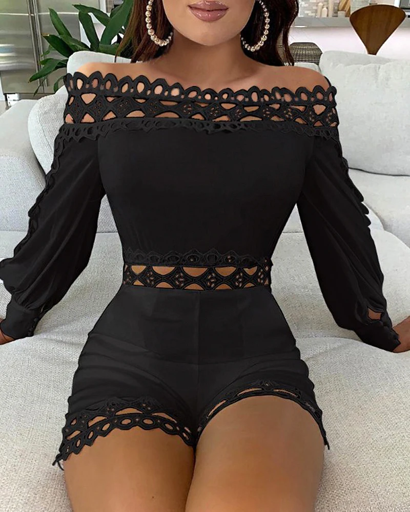 

2020 New Women Solid Color Lattice Design Hollow Out Romper Romper Lace Patchwork Long Sleeve Sexy Jumpsuit Women Regular Romper