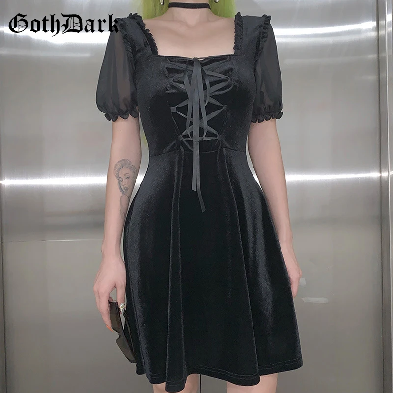 Aesthetic Dress Bandage Puff-Sleeve Pleated Harajuku Transparent Punk Goth Dark-Vintage