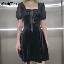 Готический Темный винтажный в стиле панк готика платья для женщин Harajuku Элегантный Осень Бандаж с пышными рукавами эстетическое платье Плиссированное прозрачное