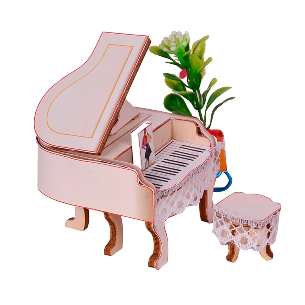 Dollhouse Musical Instruments Model, Piano with Stool Set, 1/24 Scale Dolls House Musical Room Furnishings