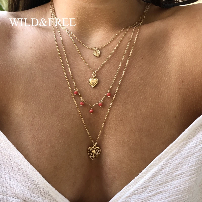 Женское колье в виде Золотого сердца Wild &amp Free 4 слоя Красного бисера ожерелье с