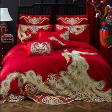 Супер роскошный свадебный комплект постельного белья, длинный хвост, золотой феникс, набор постельного белья, вышивка, красный пододеяльник, 100 S, длинный штапельный Хлопковый чехол для кровати