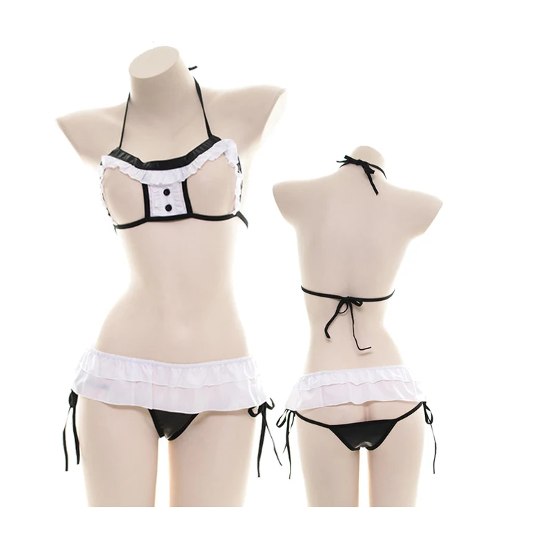 

3pcs Lolita Girl Sexy lingerie Bikini Three-point Bra set falbala lacing Tie servant girl maidservant Underwear Memory of jade