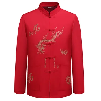 

Men Traditional Chinese Dragon Long Sleeve Tang Suit Shirt Autumn Spring Mandarin Collar Top Button Kung Fu Clothing Tang Shirts