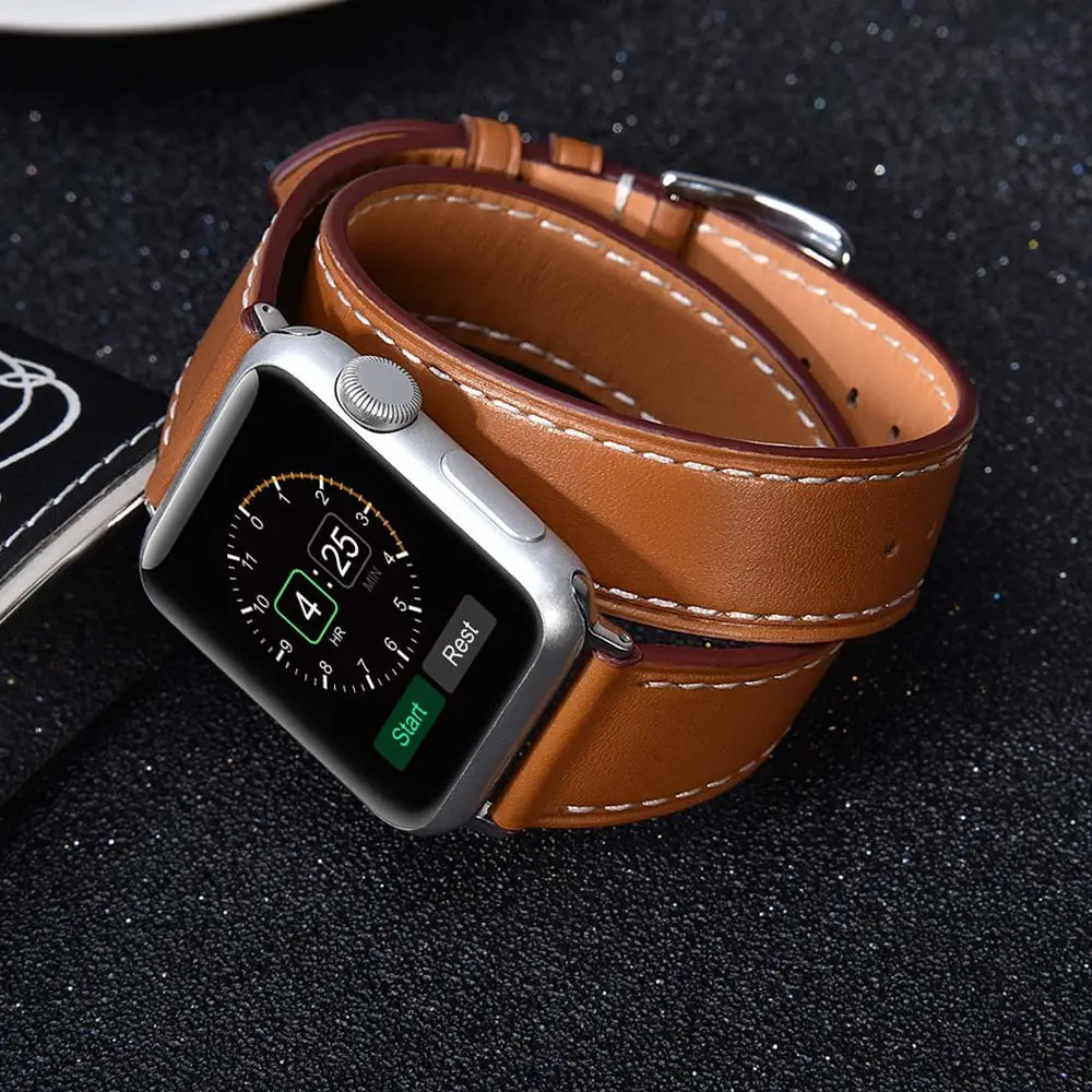 

Double Tour Strap for Apple watch band 45mm 41mm 44mm/40mm 42mm/38mm Leather watchband bracelet iWatch series 5 4 3 se 6 7 band