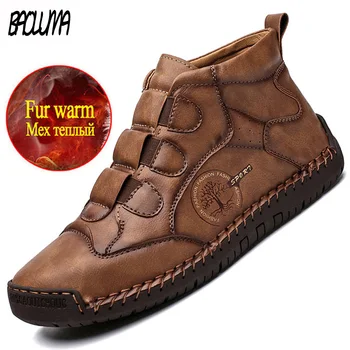 

Brand Winter Men's Snow Boots Warm Plush Men Snow Boots Leather Boots Men's Ankle Boots Handmade Leather Men Motorcycle Boots