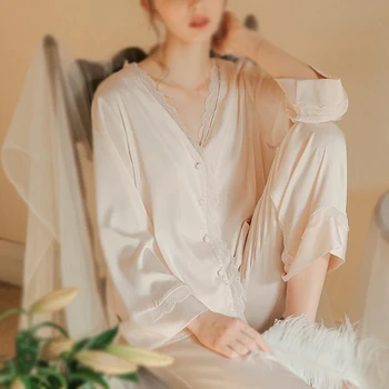 

2 Pieces Sleepwear Women Pink Elegant Princess Nightgowns Summer Springs Silk Long Sleeve Maternity Pregnant Pajamas