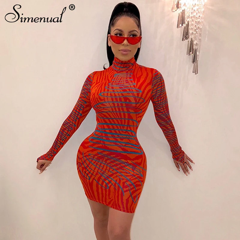 Najtaniej Simenual wydrukowano Sexy Fashion 2019 Mini sukienka kobiety z długim rękawem jesień gorąca impreza sukienki bandażowe typu bodycon Skinny Slim kobieta Clubwear nowy