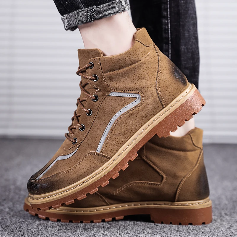 

Catwalk Style Men Boots Winter Safety Work Boots Leather Increase Men Shoes Warm Cottom Ankle Boots Snow Boots Man Casual Shoes