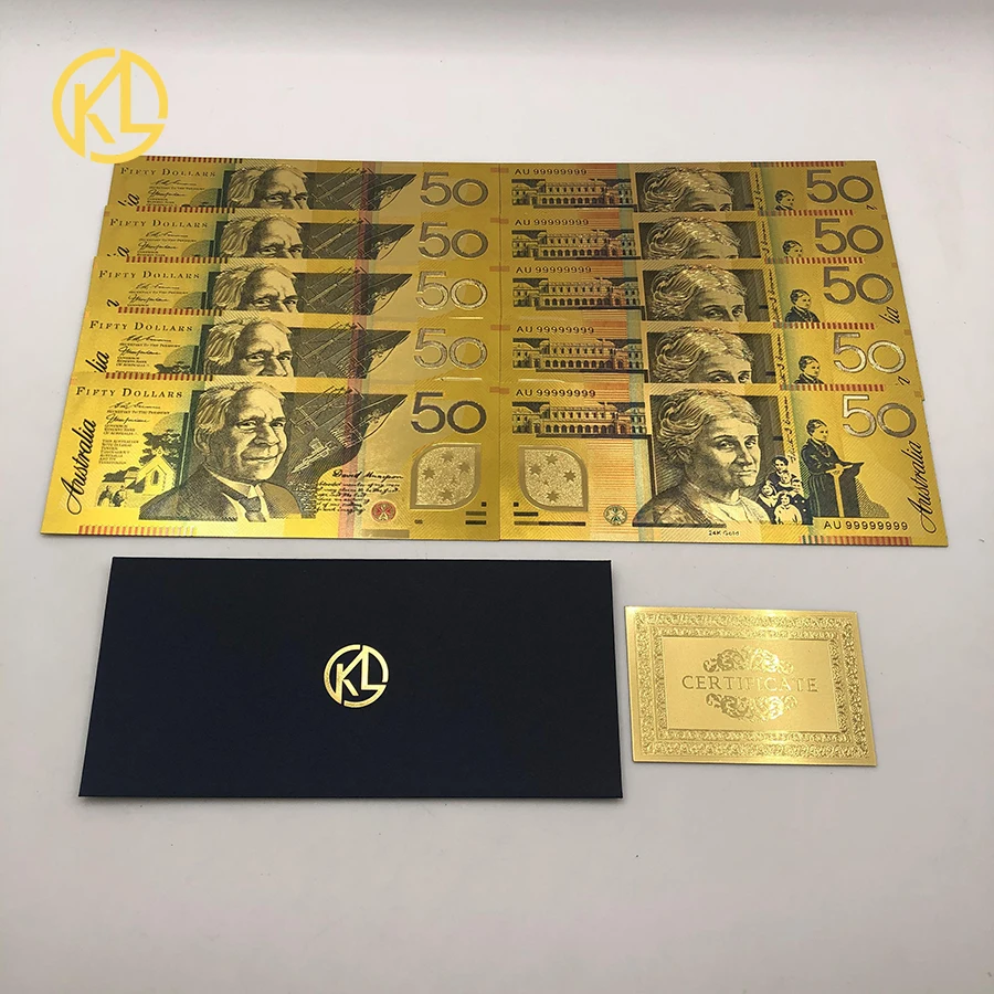 10 шт./компл. доллар Австралии австралийский доллар золото банкноты покрытием красочные золото Фольга Пластик банкнот Реплика ради интереса коллекция - Цвет: 50 AUD