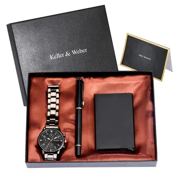 

relogio masculino Men's Stainless Steel Quartz Watches Card Holder Gift Set for Male Business Signing Pen Present Gift Box Set