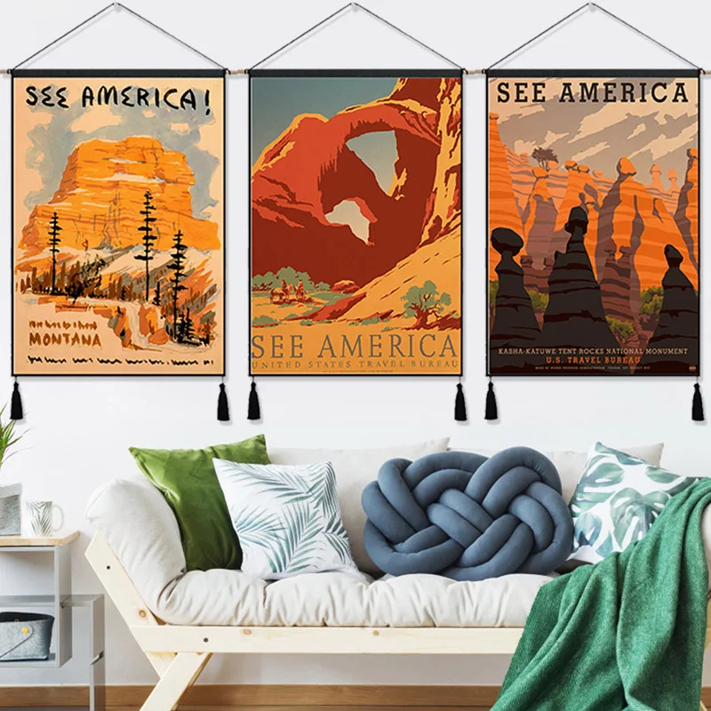 See America Great Smoky Mountains Park Vintage Hanging Cloth Cotton Line Painting Poster Home Decor Wall Tapestry Gift | Дом и сад