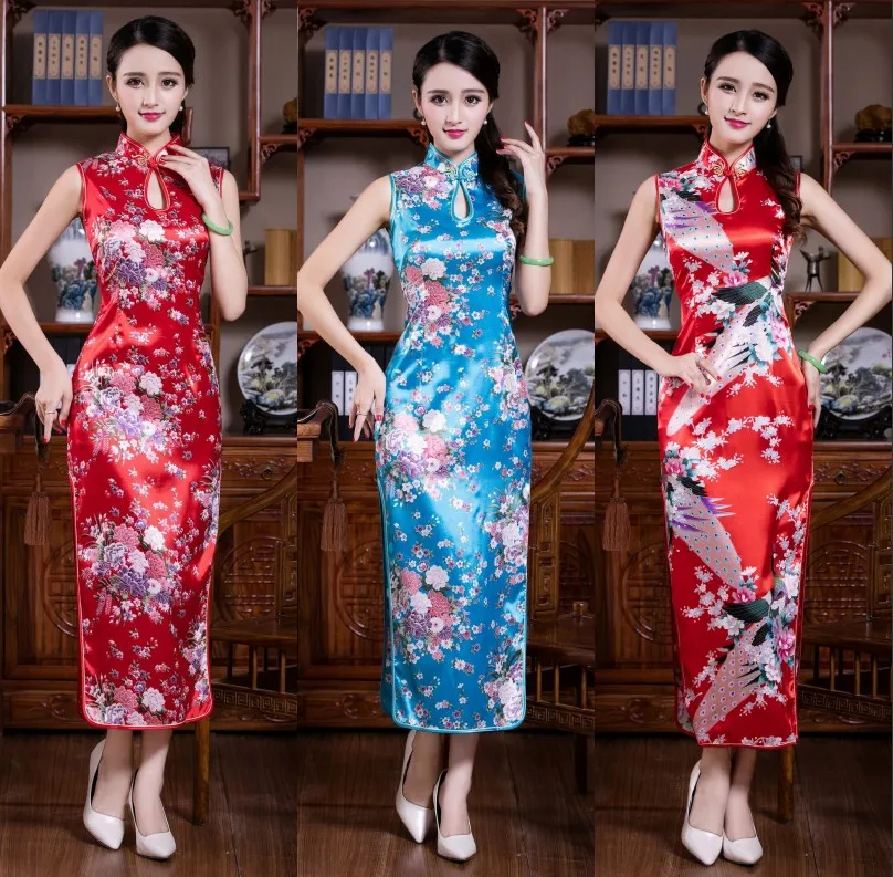 Элегантный женский длинный qipao классический тонкий Ципао без рукавов винтажный ручной работы на пуговицах Новинка воротник стойка с цветочным принтом vestidos