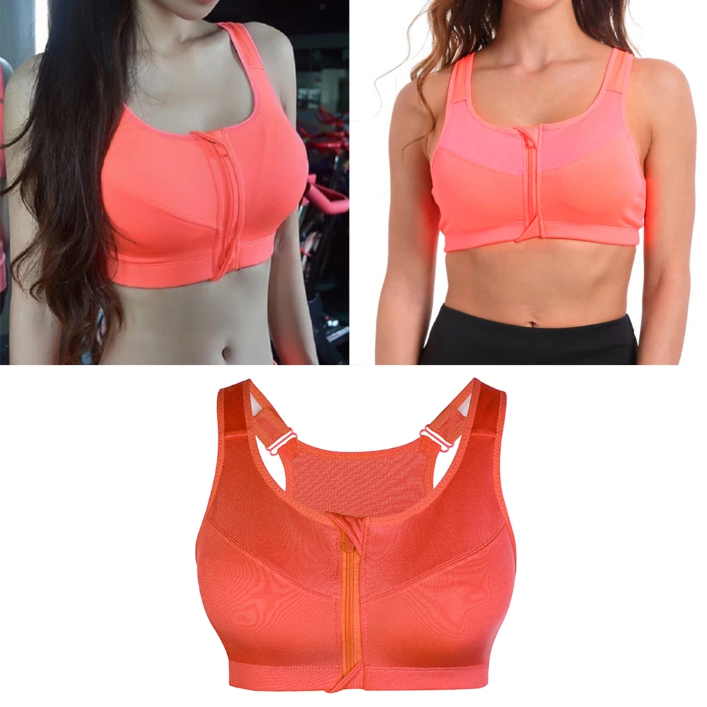 Womens Front Zip Sport Bra High Impact Support Workout Yoga Shock Absorber Adjustable Straps Push Up Bra Seamless Fitness